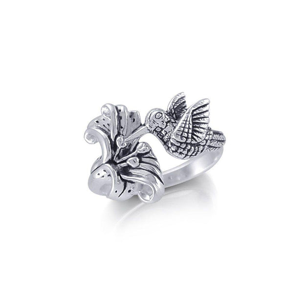 Hummingbird Suspended in Flight and Sweet Flowers Nectar Shimmering in Sterling Silver Ring TRI1805 Ring
